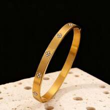 2件套简约奢华不锈钢镶嵌立方氧化锆四叶草手镯，适合女士日常佩戴、宴会、晚宴、节日礼物、情人节礼物 - 金黃色 - 查看 2