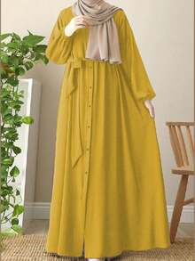 优雅阿拉伯风格纯色灯笼袖长款宽松舒适阿巴雅长袍（春季款） - 芥末黃 - 查看 2