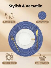Manteles individuales tejidos redondos de tamaños surtidos, lavables, para mesa de cocina, adecuados para reuniones familiares, fiestas de boda y decoración de mesa de banquete (Azul) - Azul - Ver 4