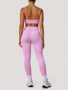 Sodalemon Women Fitness 2 PCS Sets Solid Color Padded Sport Bra No Front Seam Simple Design Yoga Leggings Training Sport Set - 粉色 - 查看 6