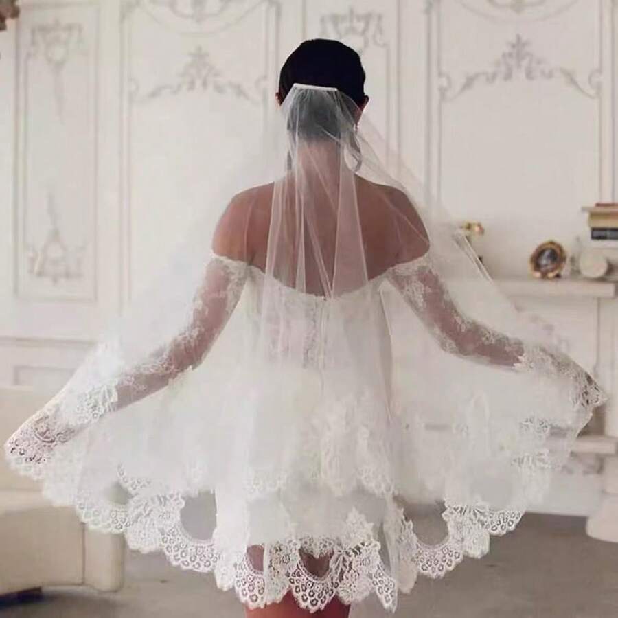 1pc New Luxury Lace Trim White Double-Layer Bridal Veil, Wedding Photography Prop, Church/Outdoor Lawn Photoshoot Headpiece - White - View 1