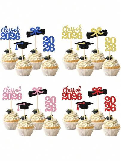 4pcs 2026 Graduation Cupcake Toppers, Glitter 2026 Graduation Class Cupcake Decorations, Graduation Cap Diploma Cupcake Picks, 2026 Graduation Theme Party Cake Decorations, Navy Blue, Pink, Red, Gold, Dessert Decor Picks With Diploma And Graduation Cap Designs, Suitable For 2026 Graduation Party Decorations