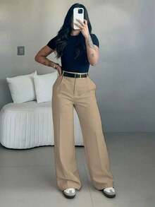 Women's High Waist Wide Leg Pants |   Spring Women's Clothing |   Casual Elegant Office Pants |   Spring Casual Wear |   Solid Color Loose Straight Bottoms |   Spring Apparel |   Women's Casual Wear |   Soft Comfortable Casual Pants |   Women's Casual Wear Matching |   Minimalist Fashionable Workwear |   Casual Suit |   New Year Preparation |   Essential Spring & Autumn, No Belt Included - Màu Khaki - Xem 7