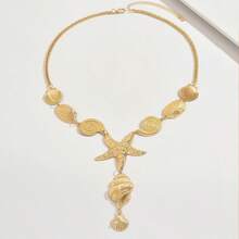 1pc Ocean-Inspired Gold Starfish & Faux Pearl Shell Pendant Necklace, Bohemian Beach Jewelry Suitable For Women, Summer Vacation, Weddings, Parties, And Daily Wear - Gold - View 7