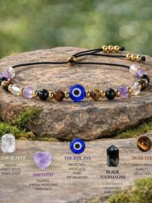 1件复活节篮子填充物礼物 辟邪眼手链 疗愈石 女士复活节彩蛋填充物 洗礼生日饰品 透明石英、紫水晶、碧玺、虎眼石 送给朋友、姐妹、妈妈 - 金色 - 查看 5
