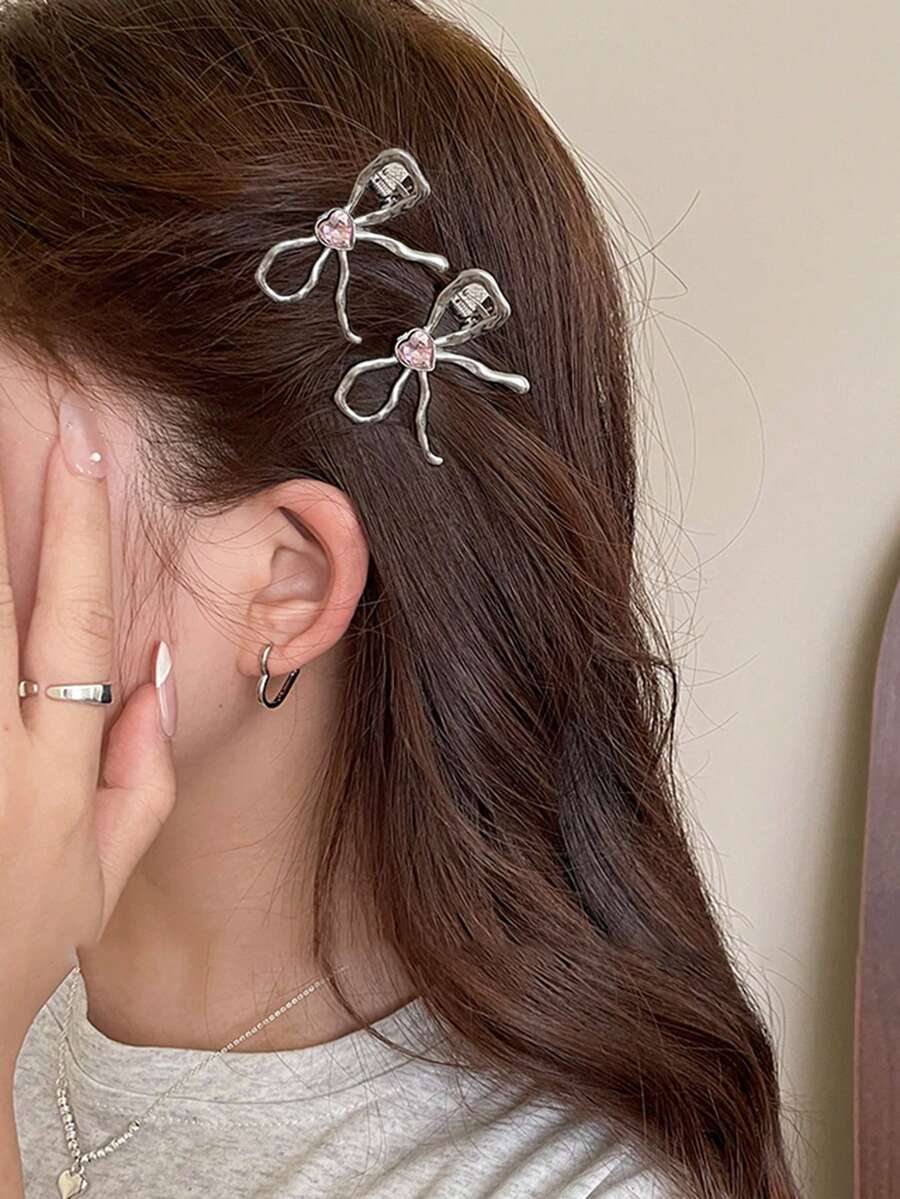 2个装女士纯色Y2K可爱金属光滑心形蝴蝶结发夹，优雅甜美百搭，适合上学、派对、舞蹈、日常佩戴，发爪、发夹、发卡、发卡、发饰 - 銀色粉鑽 - 查看 1