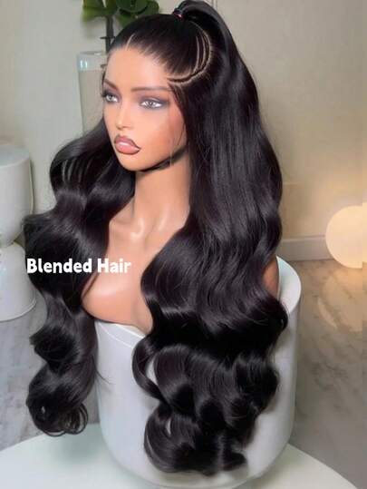 200% 密度 8-34 英寸自然黑色长款波浪卷蕾丝前假发，巴西发，预先拔毛，自然发际线，人发混纺，13*4 13*6 高清透明蕾丝前手工编织假发，带婴儿发。