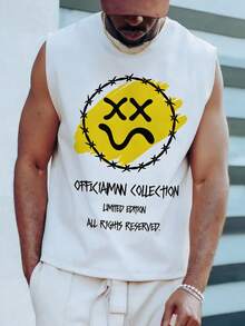 FRACTYR Men's Casual Barbed Wire Smiling Face Sleeveless T-Shirt, Street Style | Versatile Daily Fashion - White - View 2