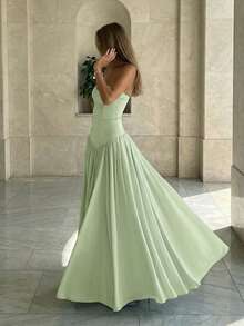 Elegant Romantic Pleated Midi Dress, Suitable For Casual, Date, Holiday, Wedding Guest Summer - Green - View 3