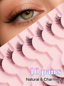 Waloshow 10 Pairs Cat Eye Natural Cross Eyeliner Lashes, Suitable For Daily And Date Makeup Essentials - Black - View 1