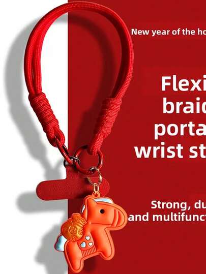 Handwoven Red Wristband Cartoon Horse Phone Lanyard | Super Cute And Beautiful, Stylish Pony Pendant, Outdoor Anti-Loss, Fits All Phone Cases, Made Of Polyamide
