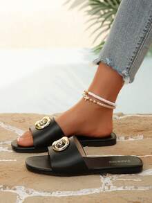 Women's Slip-On Slippers, Summer New Pig Nose Buckle Decor Black Slides, Comfortable Casual Outdoor Wear Flat Sandals, Fashionable Minimalist Design - Black - View 6
