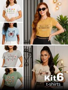 Set Of 6 Women's T-Shirts, Women's Clothing, 100% Premium Cotton Knit - 彩色 - 查看 1