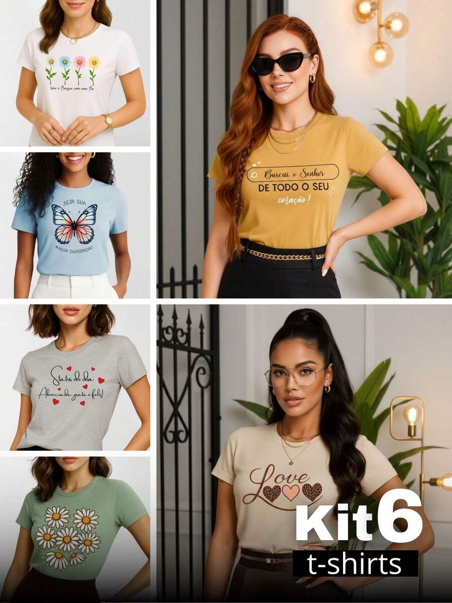 Set Of 6 Women's T-Shirts, Women's Clothing, 100% Premium Cotton Knit - 彩色 - 查看 1