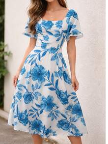 Women's Midi Dress With Short Sleeves, Princess Style, Elegant - 白色/花卉 - 查看 1