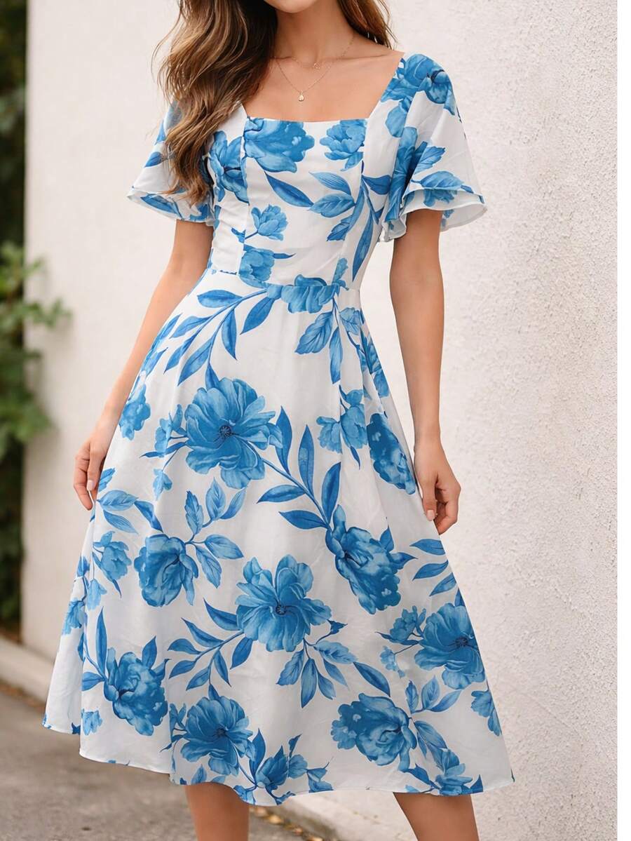 Women's Midi Dress With Short Sleeves, Princess Style, Elegant - 白色/花卉 - 查看 1