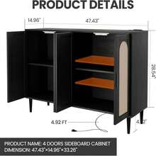 Gabinete de buffet de aparador de madera con 4 puertas, Ratan Side Board Accent Buffet con toma de corriente, aparador de madera, gabinete Boho para la entrada, pasillo, comedor, sala de estar, café bar - Negro - Ver 2
