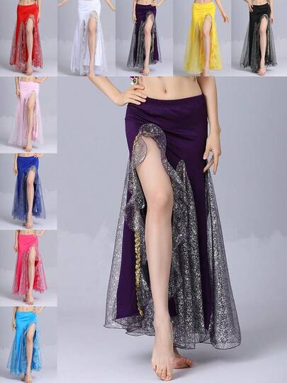 Women's Belly Dance Maxi Skirt, High Slit Glitter Mesh Overlay Skirt With Elastic Waist For Performance & Practice (Available In Multiple Colors)