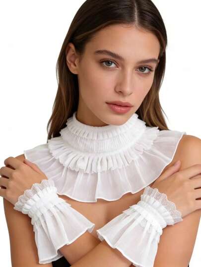  1 Set Lolita Style Detachable Collar And Cuff Set, Lace Princess Decor For Wedding Dress, White Ruffled Accessories