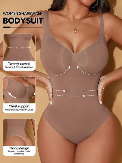 Women's Solid Color Tummy Control Waist Slimming Bodysuit, Suitable For Layering And Shapewear Summer Elegant