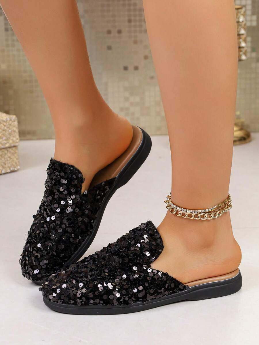 Women's Fashionable Versatile Sequin Flat Loafers - Black - View 1
