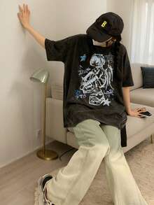 2026夏季新款女式休闲宽松圆领动漫Y2K印花图案T恤，复古做旧街头时尚百搭短袖T恤 - 黑色 - 查看 3