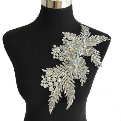 1件装 3D立体花朵装饰蕾丝领口 DIY水钻蕾丝面料刺绣工艺材料 服装缝纫配件