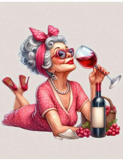1/2/3 unidades de adesivos de transferência térmica com uma vovó elegante bebendo vinho. Ideais para customizar camisetas, jeans, almofadas, mochilas, chapéus e capas de sofá. Impermeáveis, resistentes ao desbotamento, duráveis e laváveis. Adesivos de plástico com estampa divertida, perfeitos para decoração têxtil, enfeitar roupas e para artesãos.