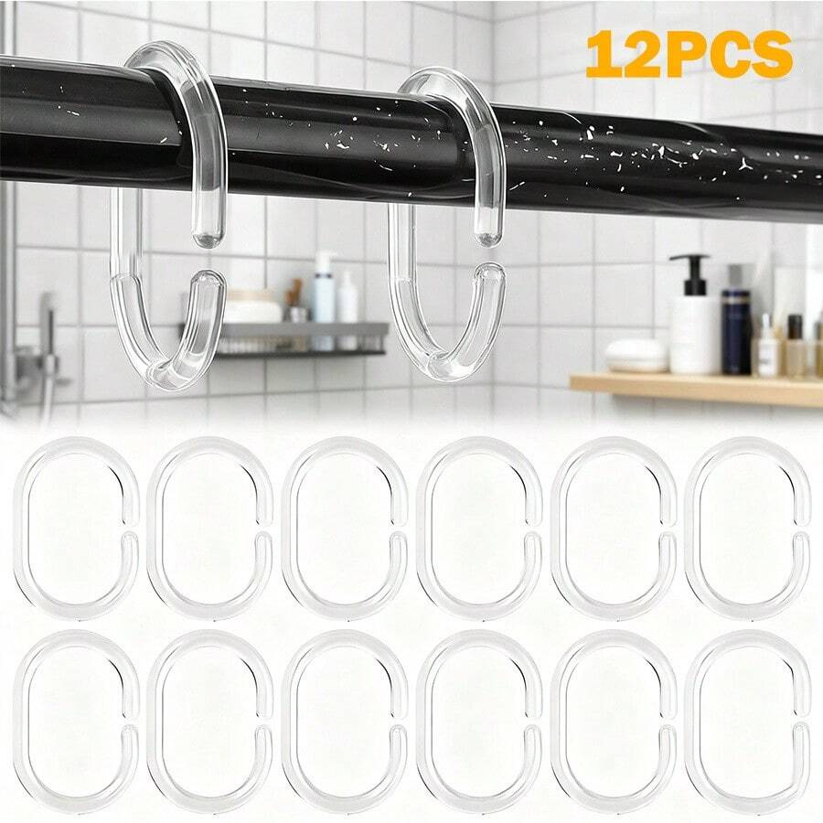 12pcs High Quality Flexible Plastic Shower Curtain Hooks - Transparent C-Shaped Rings, With Rotatable Design, Easily Slide On Shower Rod, Durable Bathroom Accessory, Shower Hooks