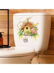 1pc Cute Bird & Birdhouse Toilet Sticker, Fairytale Bathroom Decal, Self-Adhesive Removable PVC Material, Create Dreamy Bathroom Or Restroom, Applicable For Toilet Area, Shower Wall Or Cabinet, Instantly Brighten Up Your Rental Apartment Bathroom - Birds and Flower House - View 3