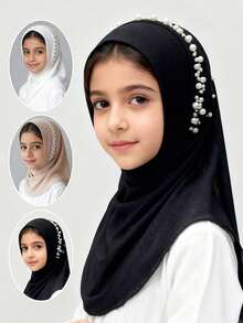 1pc Muslim Girls/Children Headscarf Shawl, Easy To Wear, Suitable For Outdoor Activities And Daily Use - Pearl Scarf - View 1