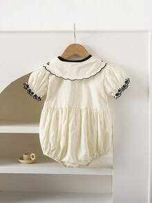 女婴刺绣领短袖连体衣，宽松休闲款，适合夏季外出、聚会、度假穿着 - 米色 - 查看 3