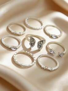 波西米亚复古全钻叠戴戒指套装，女士珠宝，订婚、结婚和情人节礼物 - 蝴蝶型 - 查看 4