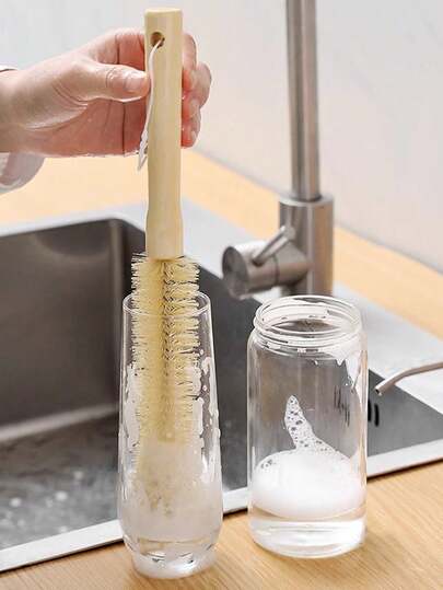 1 pieza Cepillo de taza con mango de madera, cepillo de limpieza de material de nailon con mango largo adecuado para la cocina y el comedor - Material de acero inoxidable y nailon adecuado para botellas, teteras y diversos recipientes