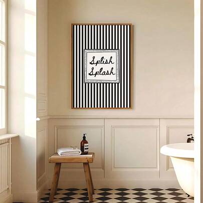 1 pieza Cartel de lienzo con cita divertida "Splish Splash" a rayas negras, enmarcado/sin enmarcar, arte de pared vintage Y2K, decoración minimalista de baño, estética del inodoro para apartamento, sala de estar, baño, decoración moderna del hogar