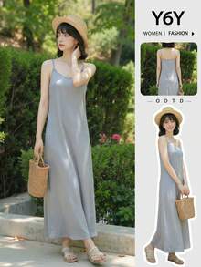 Y6Y新款法式蓝色柔软优雅女士长款无袖吊带连衣裙，春夏款 - 灰藍色 - 查看 7