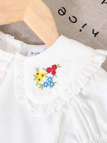 女嬰夏季甜美可愛花卉刺繡蕾絲拼接彼得潘領後扣百搭上衣，學院風返校穿搭 - 白色 - 查看 7