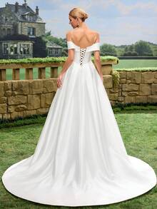 Đầm cưới nữ màu trơn thanh lịch, trễ vai, thắt eo, màu trắng mùa xuân - trắng - Xem 3