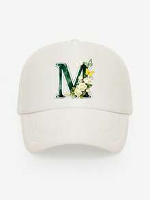 1pc Unisex Butterfly & Flower Letter Print Breathable Mesh Cap, Choose From 26 Letters, Fashionable Lightweight Sun Protection Hat For Spring/Summer Outdoor Daily Use, Suitable As Gift - White - View 26