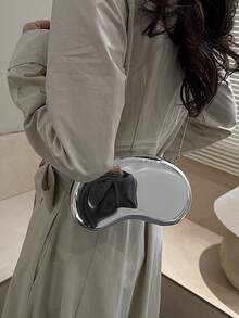 金属银色镜面不规则手拿包，优雅链条单肩包，奢华派对手提包，时尚百搭手机零钱包 - 銀色 - 查看 6