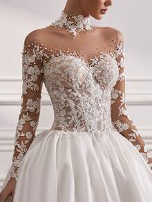 Lavish High Neck Illusion Lace Long Sleeve 3D Floral Beaded Satin Ballgown Wedding Gown, Wedding Dresses For Bride, Elegant And Comfortable, Includes Plus Sizes, Bridal Gown, Formal Dresses For Women, Suitable For Wedding, Party, Vacation, Bride, Formal Occasions, Dinner Dress, Prom Dress, After-Party Dress, Homecoming Dress, Cocktail Party, Birthday Party, Celebration, Gala, Festival, Ceremony, White - trắng - Xem 3