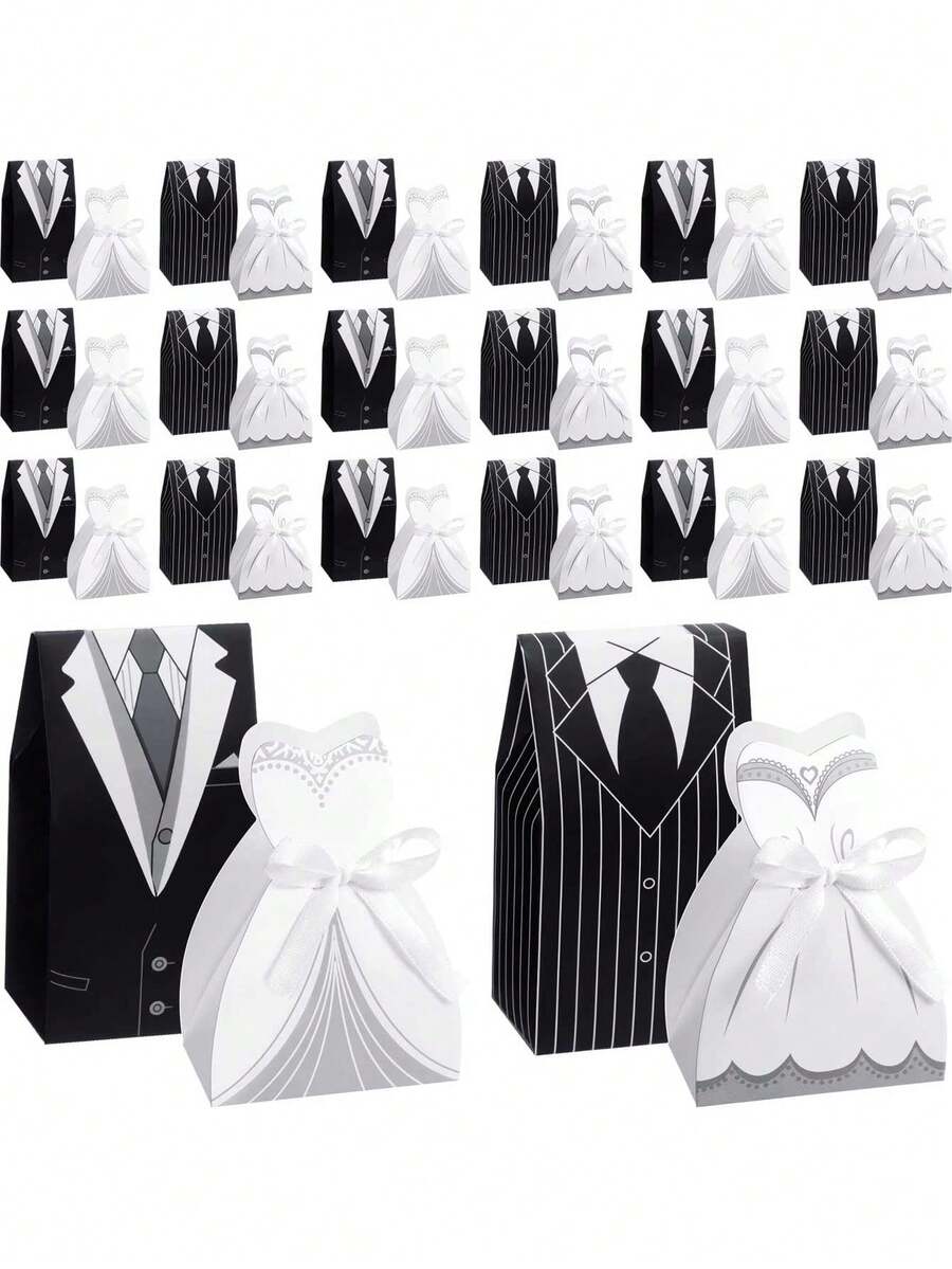 100个婚礼派对回礼盒，新郎新娘造型复古风格糖果巧克力礼盒，散装，带丝带装饰，适用于生日、新娘送礼会、宾客（经典款） - 黑與白 - 查看 1