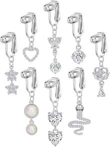 8件套波西米亚风夏季沙滩不锈钢夹式肚脐环套装，镶嵌闪亮立方氧化锆和蛇形吊坠，适合女性度假和派对佩戴 - 銀色 - 查看 1