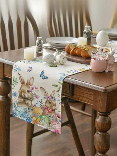 1/4/5/6/7pcs Easter Decoration Set, Rabbits, Easter Bunnies, Eggs, Happy Easter, Home Decor Set, Living Room Decor, Bedroom Decor, Dining Room Decor, Faux Linen Material, Multiple Sizes Available, Dining Table Decor, Fireplace Scarf, Placemats, Coasters, Home Accents