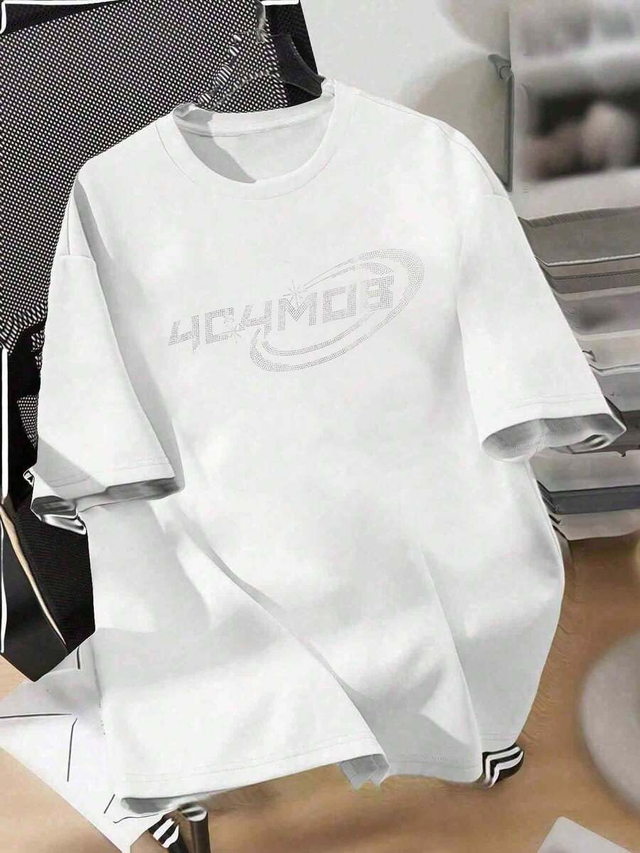 Women's Loose Rhinestone Letter Print Drop Shoulder T-Shirt, Summer - White - View 1