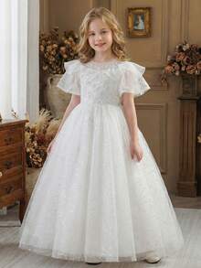 Girls' White Embroidered Flower Girl Wedding Dress, High-End Mini Wedding Gown - White - View 3
