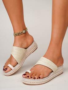 女士时尚草编厚底人字拖 - 杏色 - 查看 10