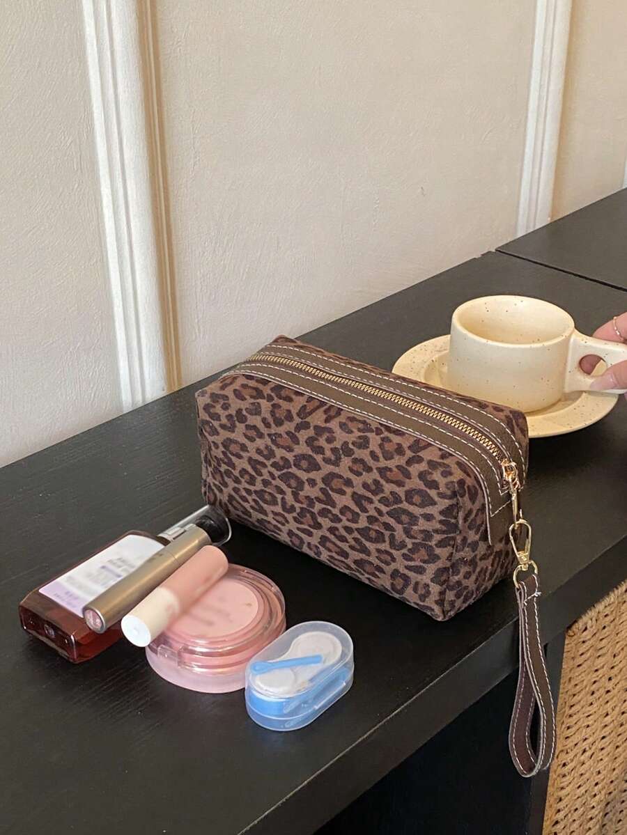 1pc Women's Leopard Print Cosmetic Bag, Minimalist Casual Lightweight Handbag Suitable For Travel, Commute, Daily Use - Coffee - View 1