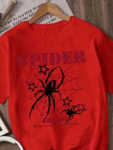 Basic Unisex T-Shirt Spider Web Streetwear Premium Stylish - Red - View 1