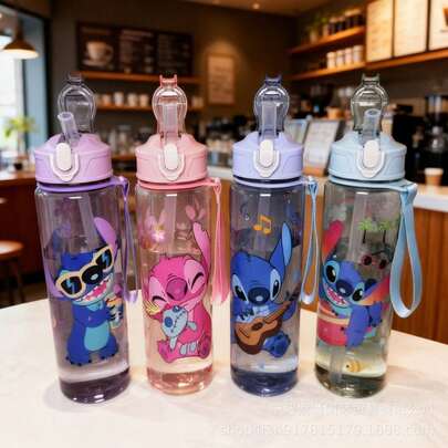 1pc 900ML Disney Stitch Space Cup With Lanyard, Portable Plastic Cup, Large Capacity Outdoor Sports Water Bottle, Bright Water Cup, Gym Water Bottle, Drinkware > Sports Water Bottle, Suitable For Valentine's Day And Back To School Gifts, 3D Pop-Up Water Bottle, Special Summer Water Bottle For Elementary Students, Tritan Material Direct Drinking Cup, Sports Water Bottle